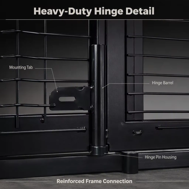 ANJIA Group - hinge detail on a black powder coated garden gate leaf